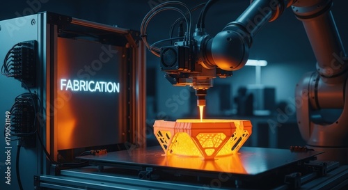 Advanced robotic arm precisely fabricating intricate orange structure with glowing molten material, for innovation, manufacturing, industrial automation in technology