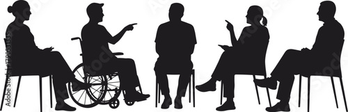 Inclusive community meeting, diverse group discussion, wheelchair representation, social support, communication, teamwork, therapy session, mental health, collaboration