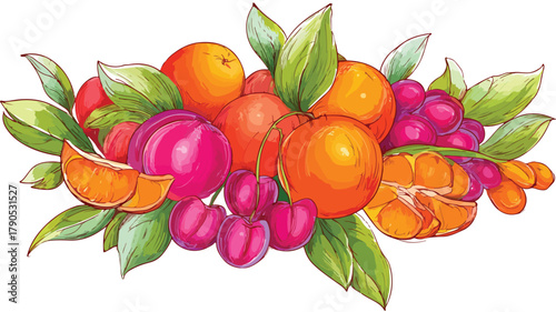 Vibrant Ripe Juicy Fruit Bunch Bouquet Wrap Vector with Outline