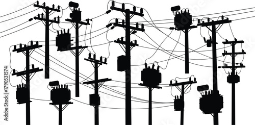 Silhouette vector illustration of utility poles and power lines—electrical infrastructure, transformer network, voltage system, urban grid, industrial energy distribution