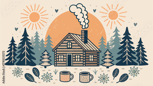 Illustration of a cozy log cabin in a forest setting with suns, trees, flowers, and steaming mugs of coffee