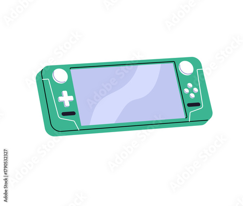 Icon of colourful gamepad. Portable wireless console to play videogames. Device with screen to control, fun with video games. Gamers' toy, controller. Flat isolated vector illustration on white.
