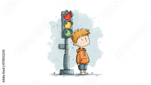Young Boy Observing Traffic Light - Vector Illustration