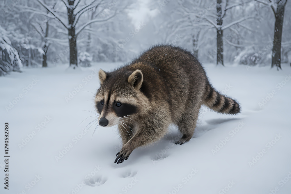 Fototapeta premium Raccoon Walking Through Snowy Winter Forest 
