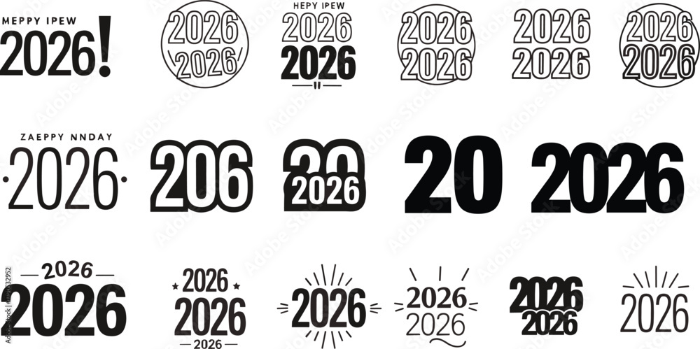 Fototapeta premium 2026 typography pack, happy new year design, creative number styles, festive vector layout, graphic celebration logos, modern branding set