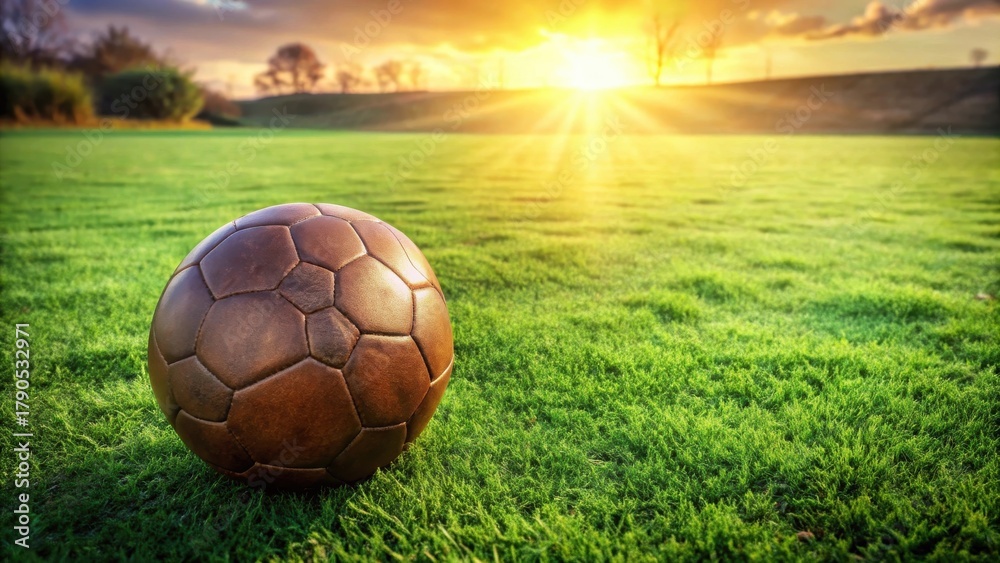 Fototapeta premium A Vintage Leather Ball Rests on Lush Green Grass Underneath a Warm Sunset Glow