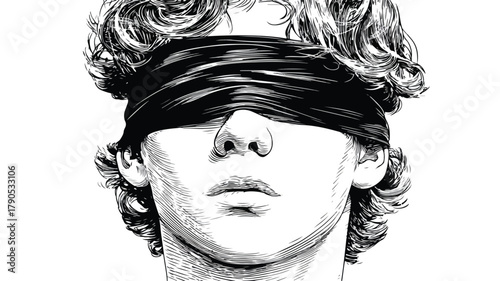 Young Boy Wearing Black Blindfold Vector - Professional Isolated Outline Design