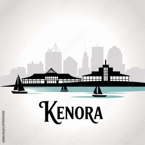 ‎Kenora Ontario Skyline Silhouette — A Canadian Lakeside Town on Lake of the Woods Vector Illustration