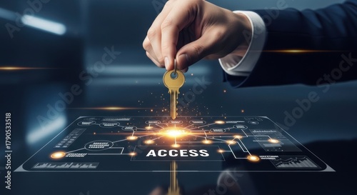 Businessman holding golden key over futuristic digital interface with word access network connections, for data security, system entry, digital solutions for modern enterprise operations