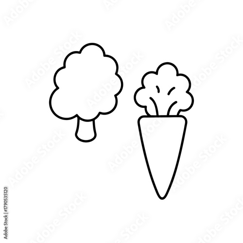 Outline drawing of broccoli and carrot vegetable on transparent background silhouette