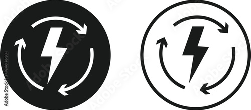 Lightning Bolt icon with Circle Arrow Icon Set. Digital Power Loop and Electric Renewal symbols. Fast Reload and Quick Charge sign