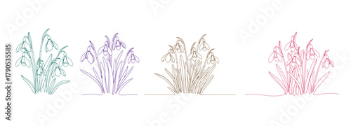 One line captures the essence of snowdrops. A sketch representing the first flowers of the spring season. Continuous line botanical art. A unique vector illustration.