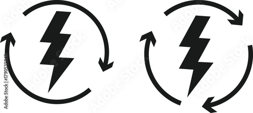 Lightning Bolt icon with Circle Arrow Icon Set. Digital Power Loop and Electric Renewal symbols. Fast Reload and Quick Charge sign