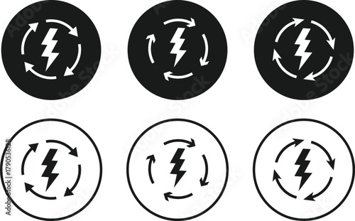 Lightning Bolt icon with Circle Arrow Icon Set. Digital Power Loop and Electric Renewal symbols. Fast Reload and Quick Charge sign