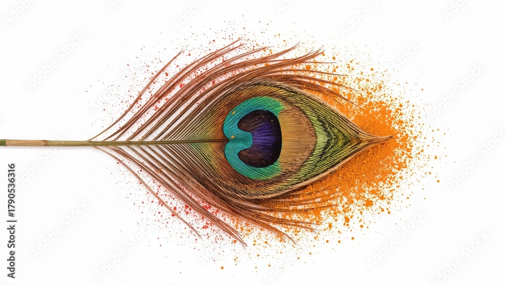 Obraz premium Festival of colors celebration with vibrant peacock feather and orange gulal powder on white background