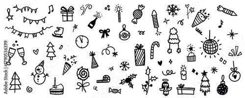 Cute christmas doodle icon sketch set in simple minimalist style. Vector holiday ornamental winter illustration for decoration with snowflake, bunting, cap, gift boxes and lollipops.