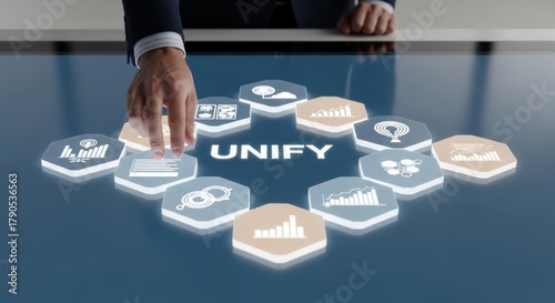 Businessman interacting with glowing hexagonal icons on digital interface with word 