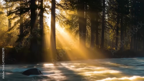 Golden Sun Rays Piercing Through Forest Trees Over Flowing River Water.