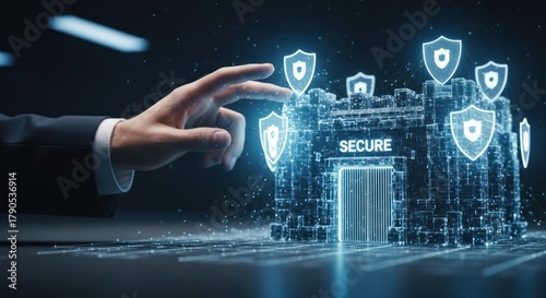 Businessman interacting with glowing secure digital fortress surrounded shield icons, for cybersecurity, data protection, network defense, digital safety protocols in futuristic