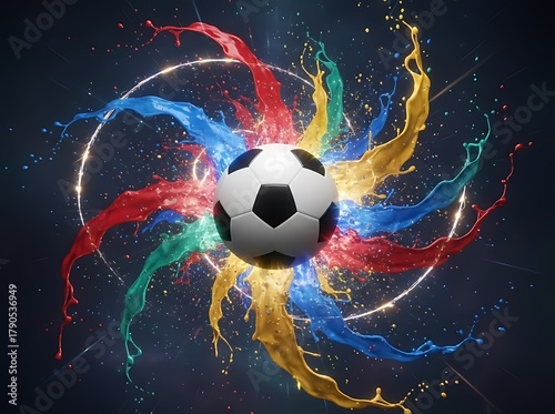 Dynamic colorful explosion of paint and light around a soccer ball in mid-air, motion blur and energy particles, bright red blue yellow tones