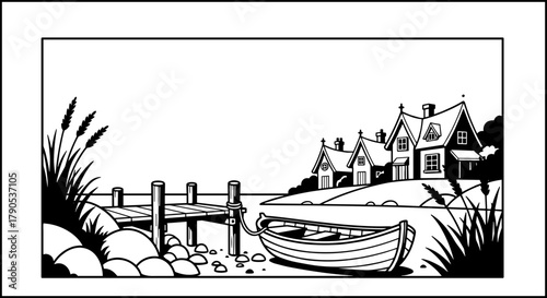 Black and white illustration of a coastal scene with houses and boat - Concept of coloring pages for kids  