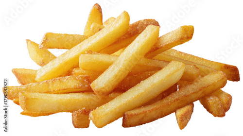 Crispy golden potato fries with crunchy texture and appetizing look isolated on white background for fast food and snack concept
