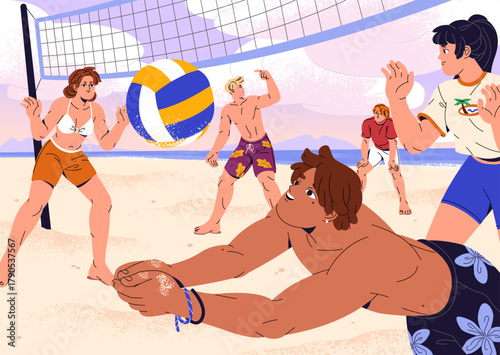 Happy people play with ball in competition on sand beach. Volleyball players are on tournament on coast. Sport team on summer match. Young men, women have fun in volley game. Flat vector illustration.