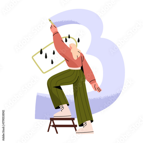 Talented girl drawing with chalk back view. Artist painting with crayon, colored pencil. Modern painter creates artwork, contemporary wall art. Flat isolated vector illustration on white background.