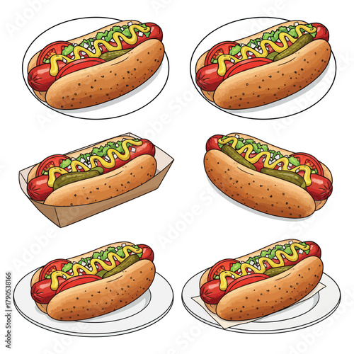 Chicago Hot Dog Vector Clipart Fast Food Graphic for T-Shirt & Logo. Classic American Street Food Illustration. Chicago Hot Dog Vector for Print & Merch Creative Food Design. Cartoon Chicago Hot Dog