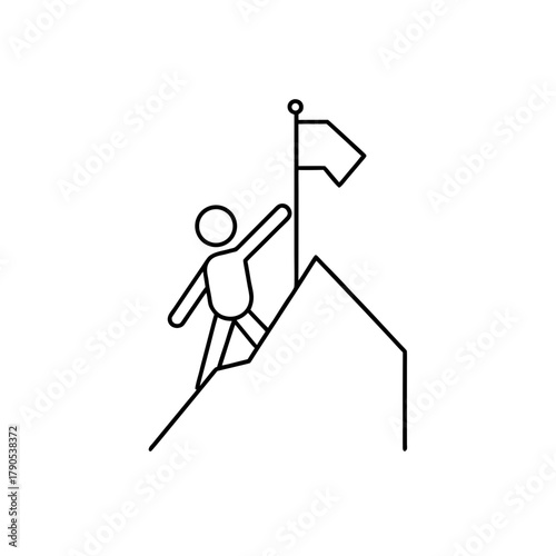 Illustration of person reaching mountain top with flag on transparent background silhouette