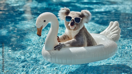 Fototapeta Naklejka Na Ścianę i Meble -  Trendy Koala Enjoying a Vibrant Pool Day on a Bright Swan Floatie with Stylish Sunglasses under Clear Skies