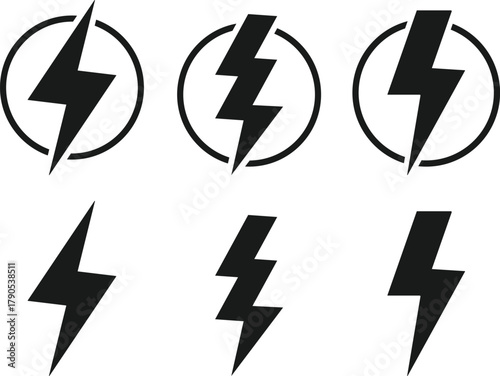 Lightning Bolt Icon Set. Power, Energy, and Speed Symbols. Fast Charge and Critical Alert sign. High Voltage and Danger Warning Icons collection