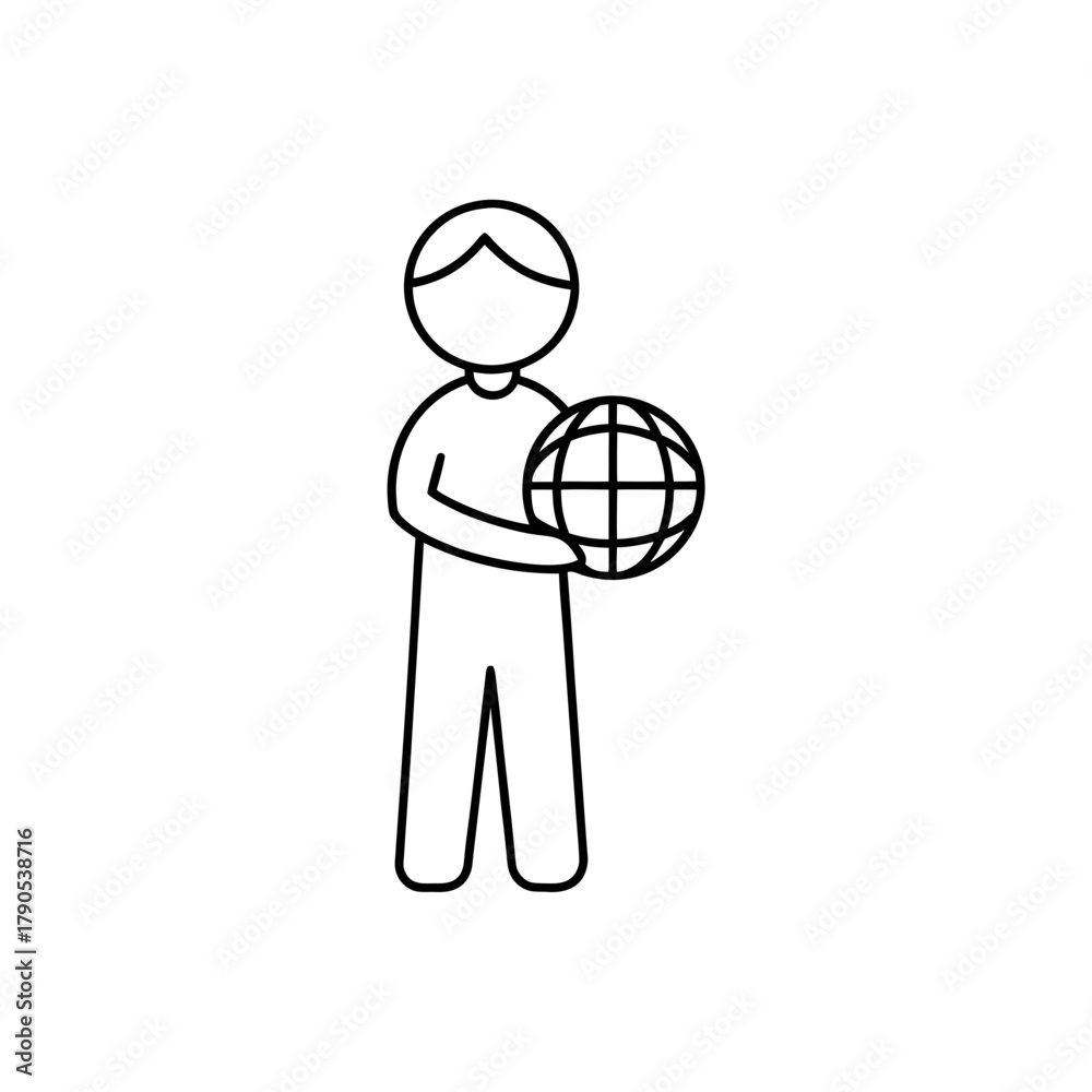 Fototapeta premium Stick figure holding a globe in a simple line art on transparent background silhouette