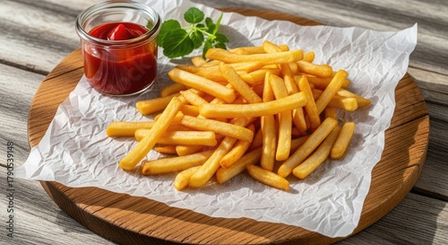 Fried yellow potato french fries with ketchup on a wooden table