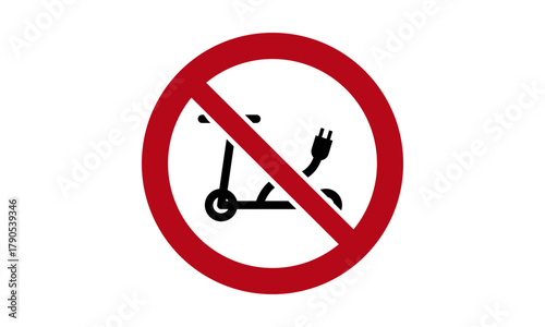 Piktogramm E-Scooter verboten – Warnsymbol für öffentliche Bereiche, Gehwege und Gebäude, Vektorillustration in rot/schwarz