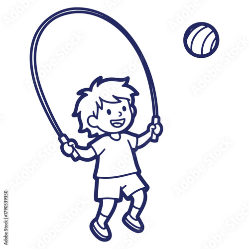 Illustration of a cheerful young boy skipping rope with a ball floating nearby full of energy and happiness
