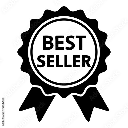 black best seller medal, selling award, prize label, icon, ribbon, isolated white background