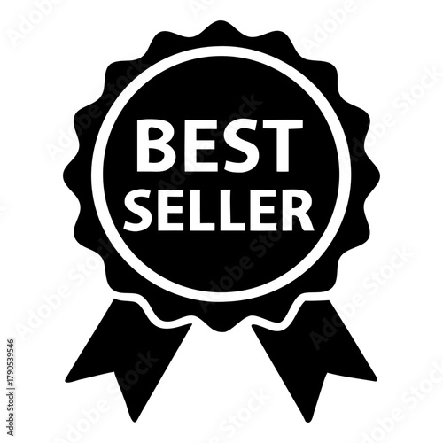 black best seller medal, selling award, prize label, icon, ribbon, isolated white background