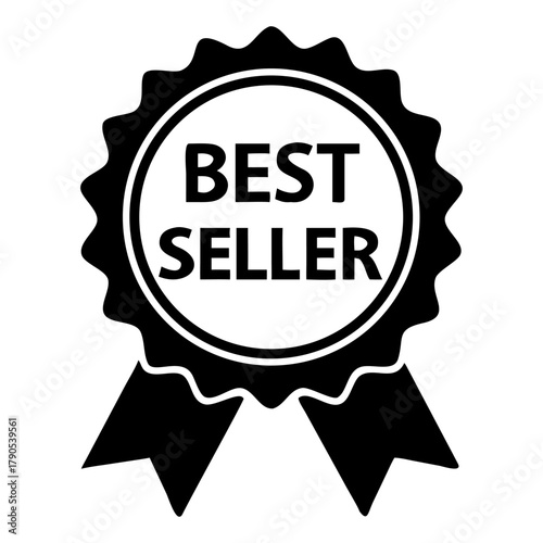 black best seller medal, selling award, prize label, icon, ribbon, isolated white background