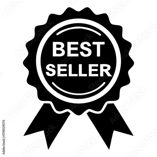 black best seller medal, selling award, prize label, icon, ribbon, isolated white background