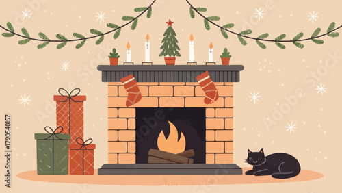 Christmas fireplace with stockings, presents, candles, christmas tree and a black cat lying nearby