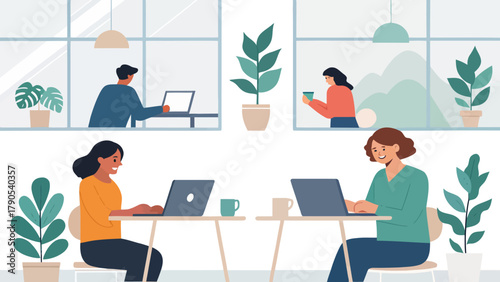 People working on laptops in a bright office space with plants and large windows creating a productive vibe