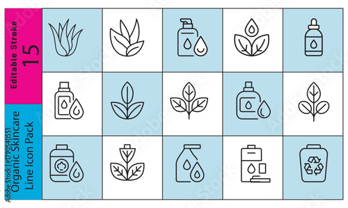 Collection of organic skincare icons featuring leaves plants and bottles
