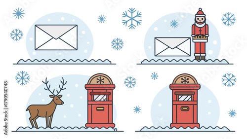 Illustrative christmas scene with santa, reindeer, letters, post boxes and snowflakes in winter setting