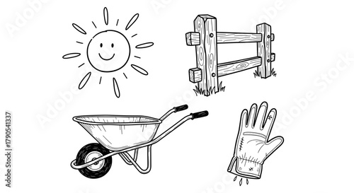Farming tools and sun illustrations in simple line art style , sun, fence, glove  Regenerative Agriculture icon set
