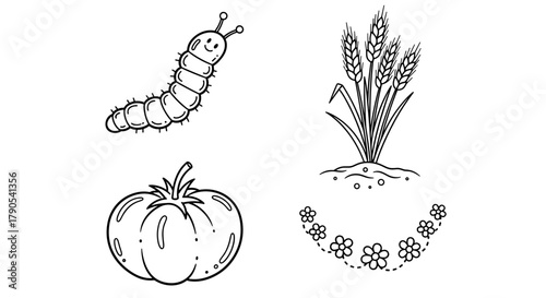 Cartoon caterpillar, tomato, and wheat plants with flowers  Regenerative Agriculture icon set