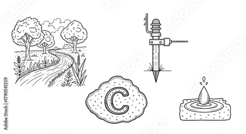 Nature elements sketch including road, trees, vitamin с and water features  Regenerative Agriculture icon set