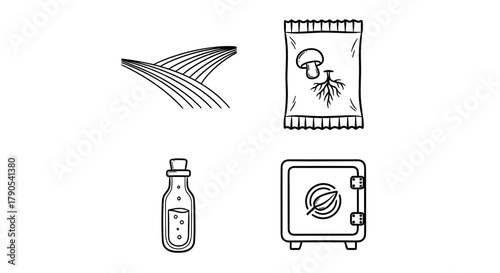 Kitchen ingredients including sauce, mushrooms, and storage container  