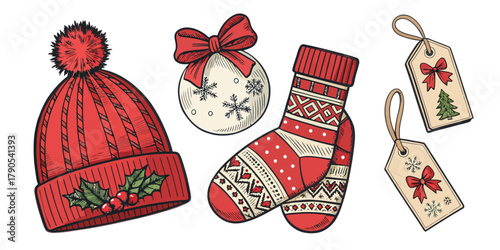 Vector illustration of christmas  illustration of a christmas hat ornament socks and gift tags set