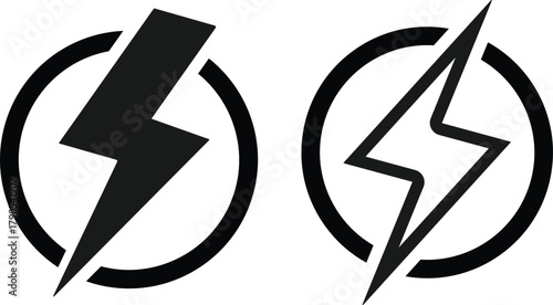 Lightning Bolt Icon Set. Power, Energy, and Speed Symbols. Fast Charge and Critical Alert sign. High Voltage and Danger Warning Icons collection